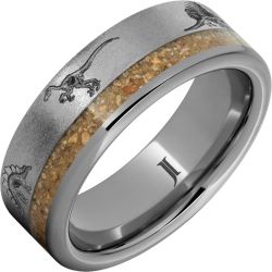 Dinosaur Skeleton Rugged Tungsten Ring with Dinosaur Fossil Inlay