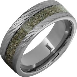 Rugged Tungsten Ring with Green Dinosaur Bone Inlay