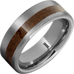 Rugged Tungsten Ring with Crimson Fossil Dinosaur Bone Inlay