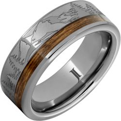 Rugged Tungsten Ring with Bourbon Barrel Inlay And Mountain Pine Forest Engraving