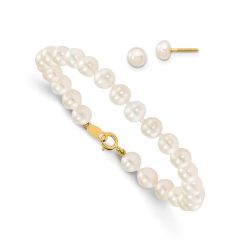 Pebble 14k Madi K 4-5mm White Freshwater Cultured Pearl 5.5 inch Bracelet and Post Earrings Set