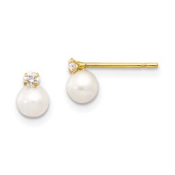 Button Puff 14k Madi K 5-6mm Near Round FW Cultured Pearl CZ Post Earrings