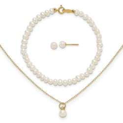 Clover Bug 14k Madi K White FWC Pearl 15 Necklace, Earrings & 5.5 Bracelet 3pc Set