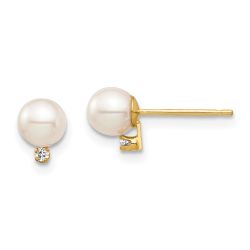 Snuggle Nook 14k Madi K 4-5mm White Round Freshwater Cultured Pearl and .02 Carat Diamond Post Earrings with Silicone Backs