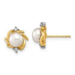 Buddy 14k Madi K 5-6mm Button White Freshwater Cultured Pearl and .04 Carat Diamond Post Earrings