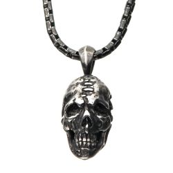 Stainless Steel Antique Silver Skull Head Pendant with Chain