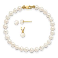 Sweetpea Spark 14k 4-5mm White Freshwater Cultured Pearl Pendant, 5 inch Bracelet and Post Earrings Set