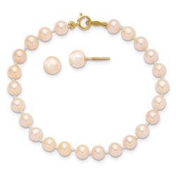 Button Song 14k Madi K 4-5mm Pink Freshwater Cultured Pearl 5.5 inch Bracelet and Post Earrings Set