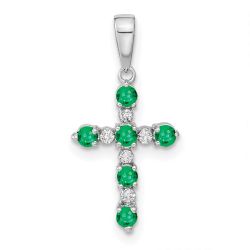 Bumble Shine 14k White Gold Lab Created Emerald and Diamond Cross Pendant