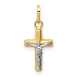Polished Magnolia 14k w/Rhodium Polished Hollow Crucifix Charm