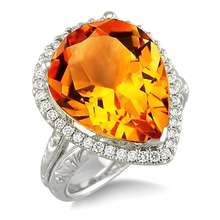 Pear Shape Citrine and 1/3 Ctw Round Cut Diamond Ring