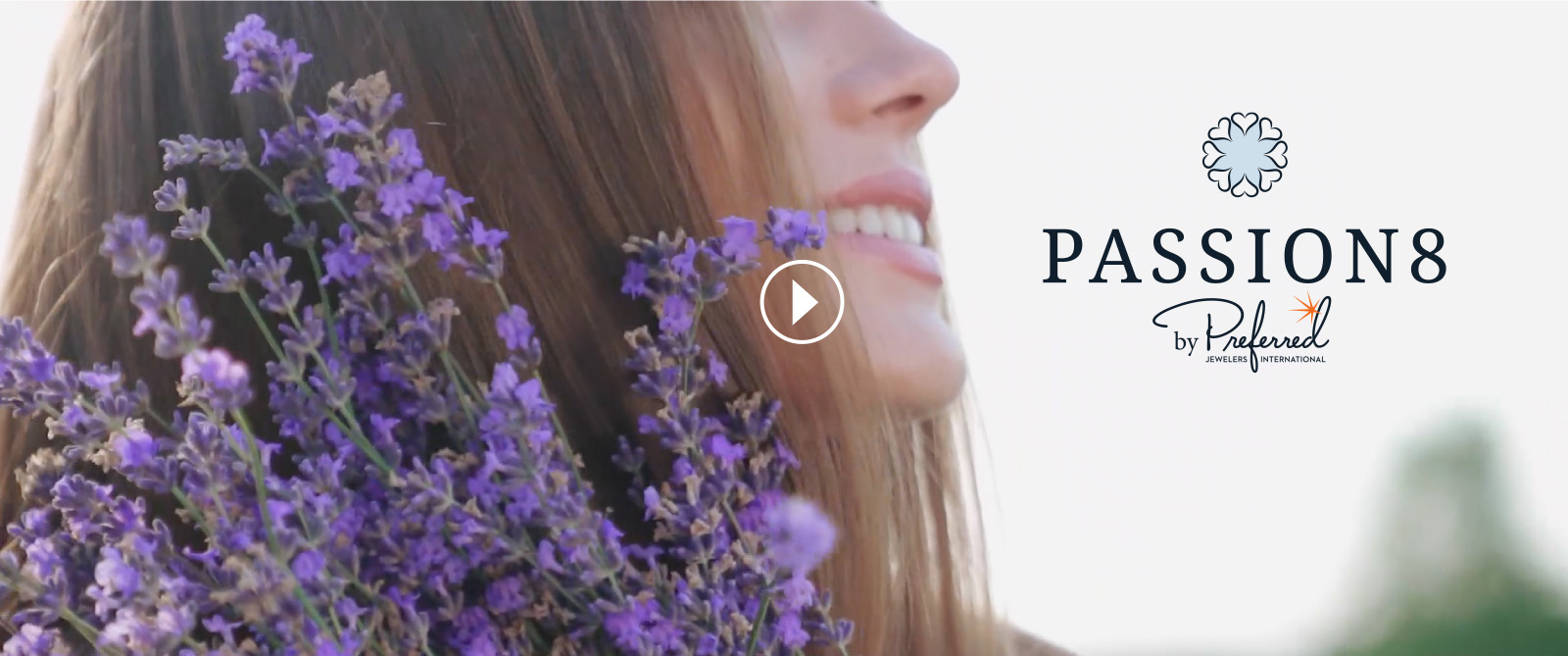 Passion 8 logo, woman holding flowers, video play button
